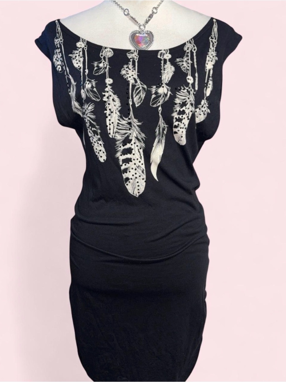 Crash & Burn Black Tunic with White Feather Necklace Print dress